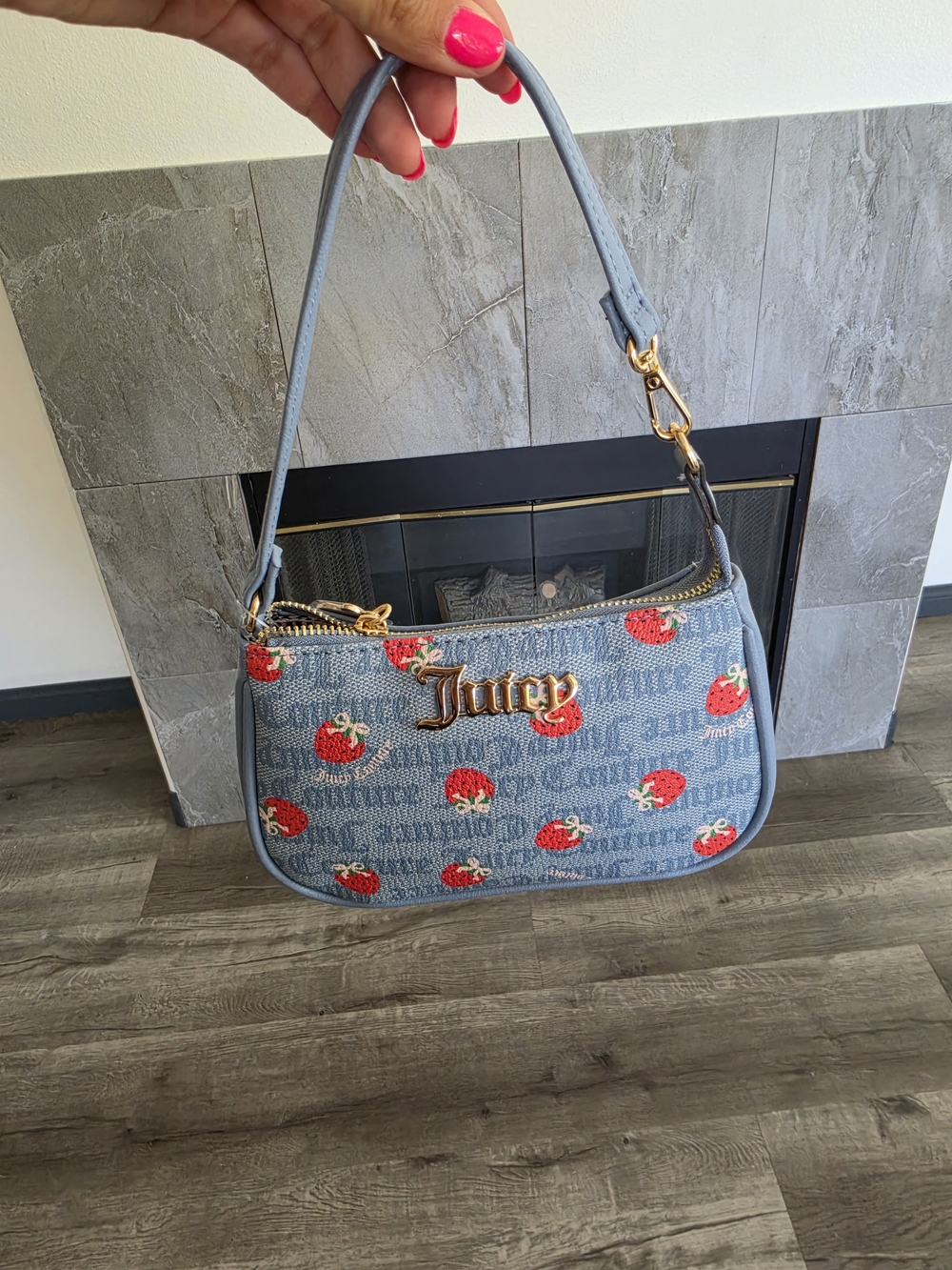 Juicy Couture Light Blue Strawberry Embroidered Shoulder Bag